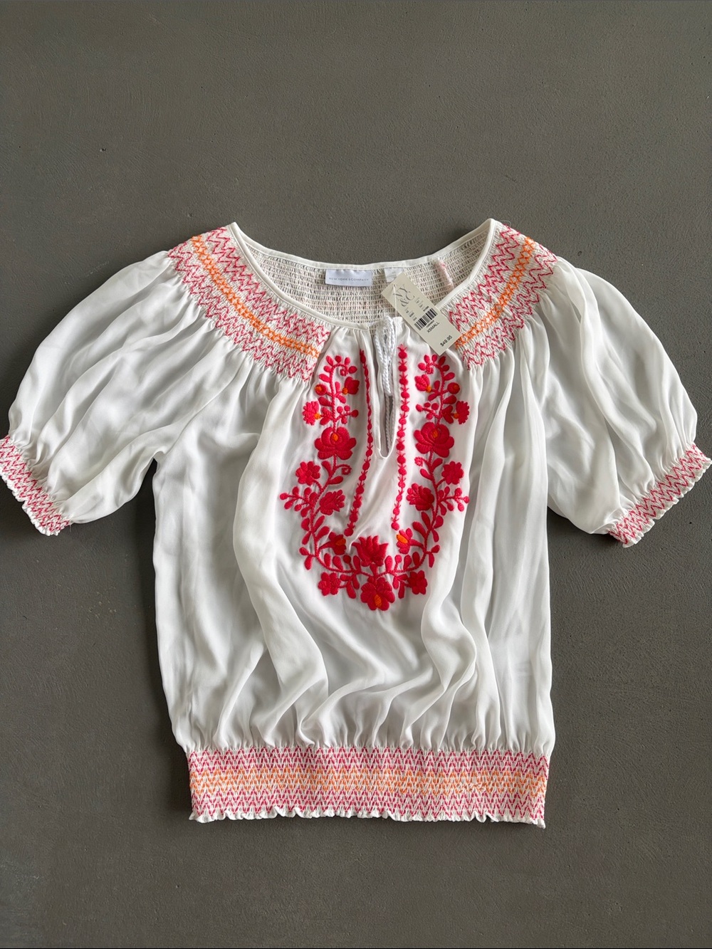 New York & Company White Peasant Blouse with Pink & Orange Embroidery Size XS